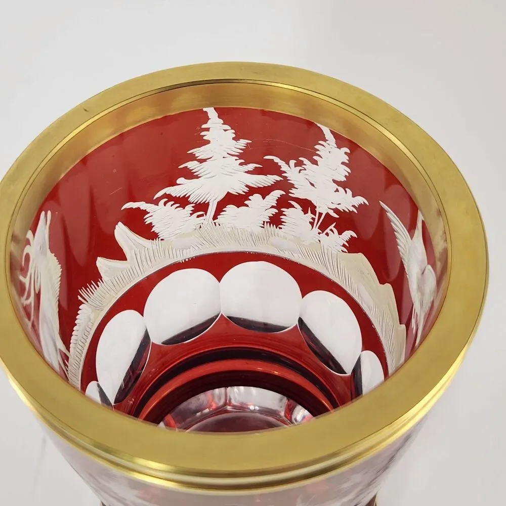 Bohemian Ruby Red Cut to Clear Goblet Glass Stag Deer Elk Hunting Cup Czech Vase